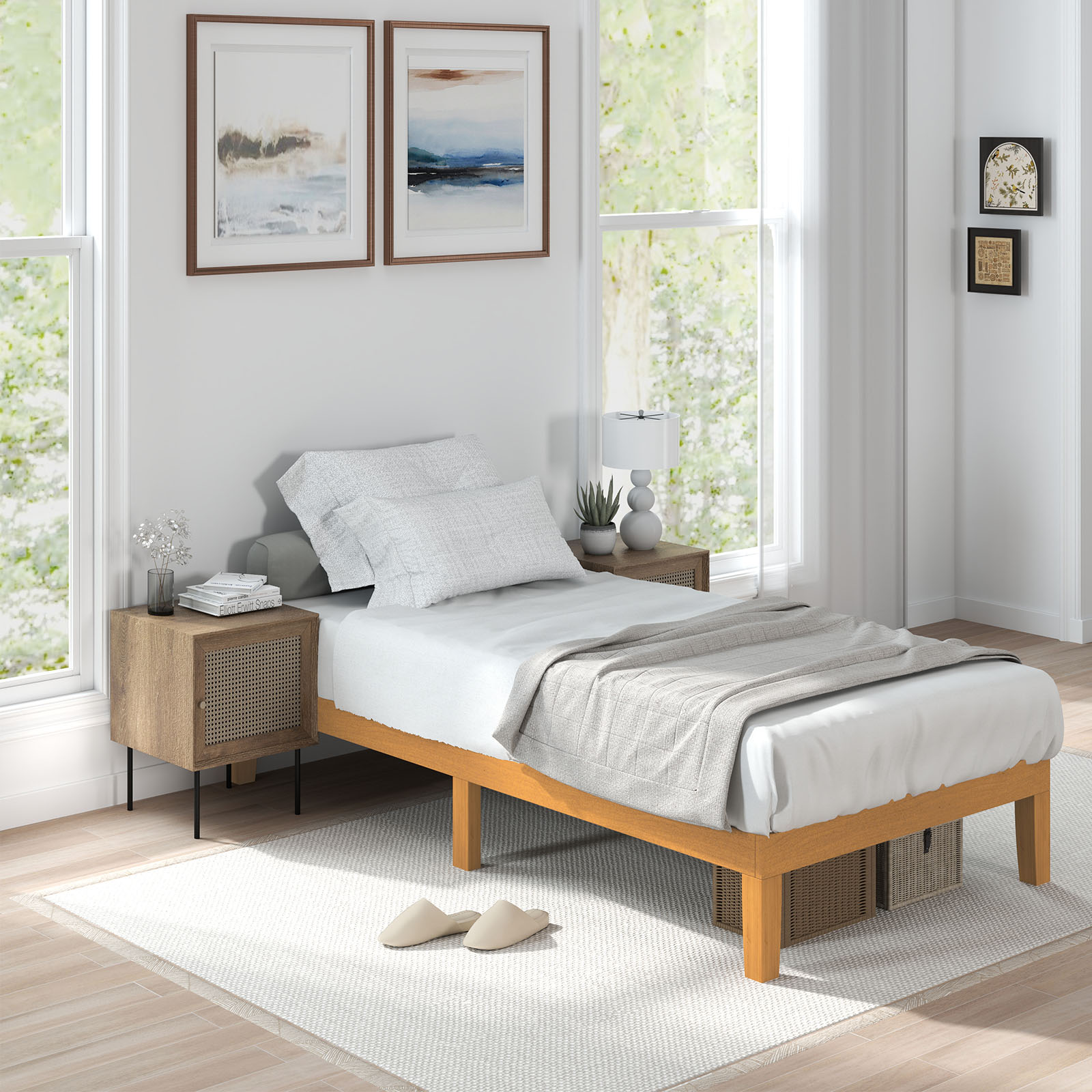 No Need For A Mattress Core. Wooden Platform Bed Frame, With Support Crossbars, And A Mattress Base Made Of Natural Pine Wood.