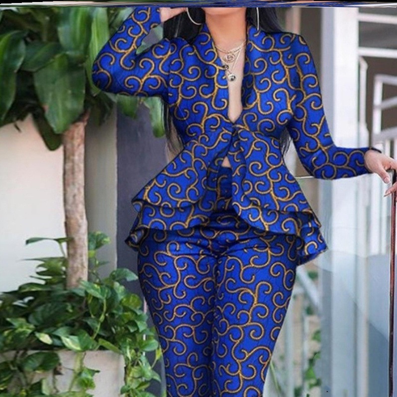 Blue Waist Ruffle Long Sleeve Trousers Set