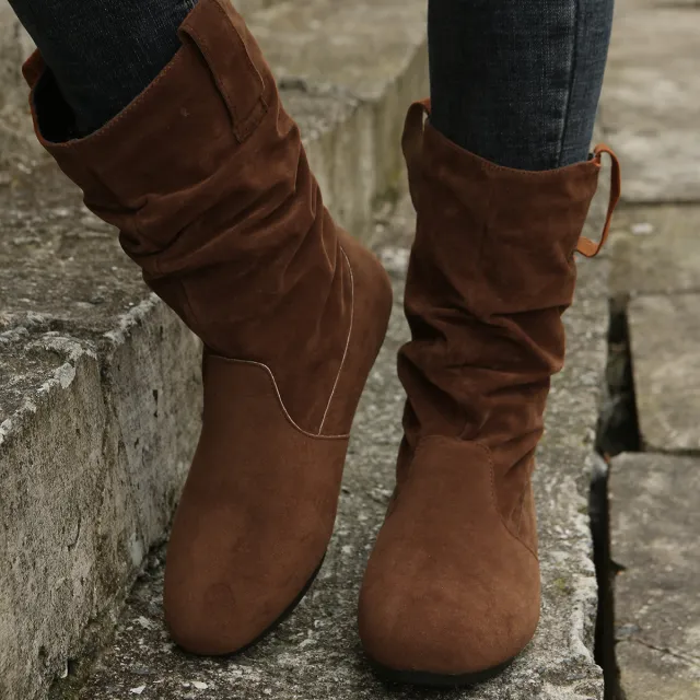 Round Toe Flat Boots Fashion Solid Color Suede Mid calf Boot Winter Warm Shoes For Women Coffee - Shop at LoveMi
