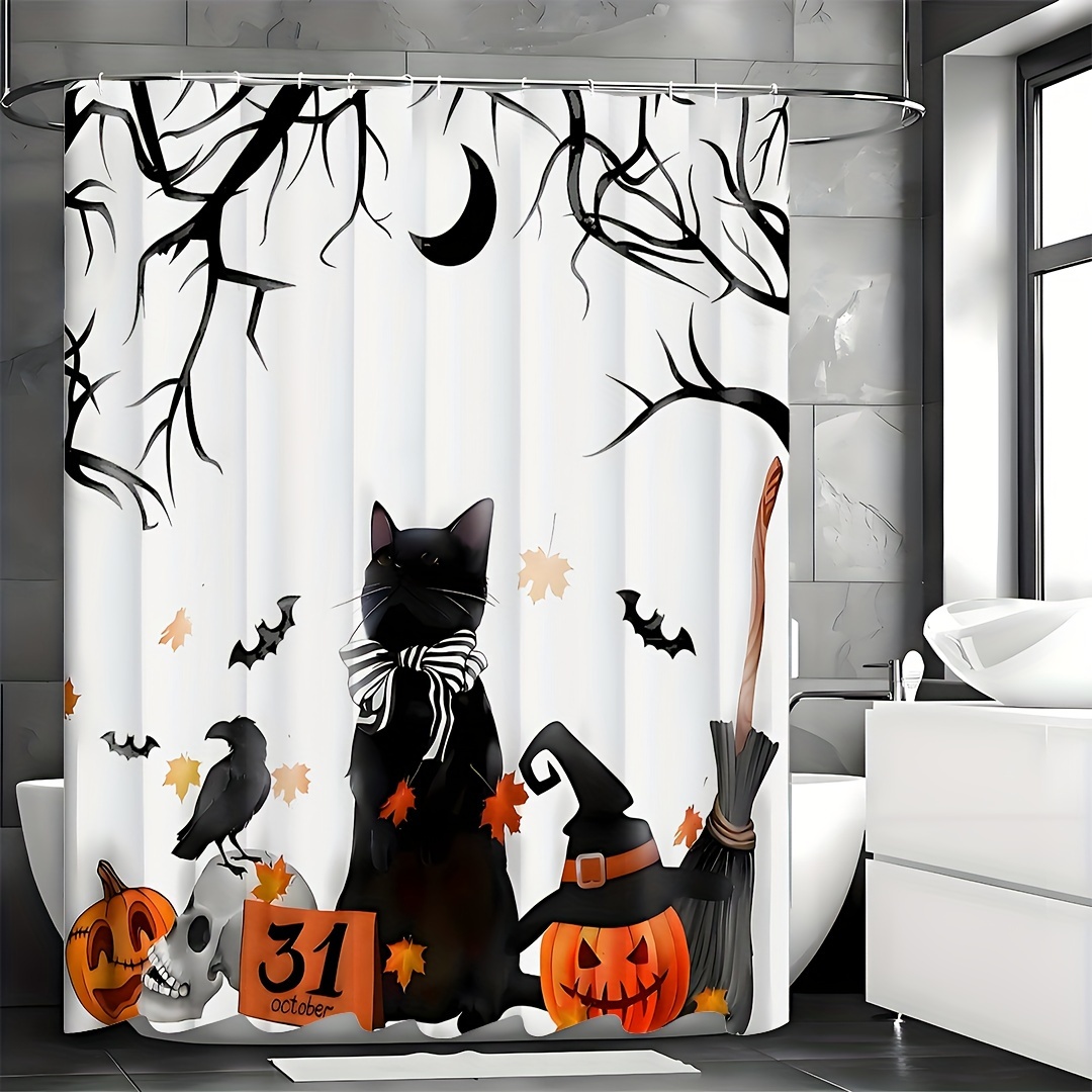 Spooky Halloween Shower Curtain Set - Vibrant Printed Design,12 Hooks - 1Pcs, Pumpkin Lantern, Black Cat, Crow Skull, Broom, Bat, Dead Branch Design