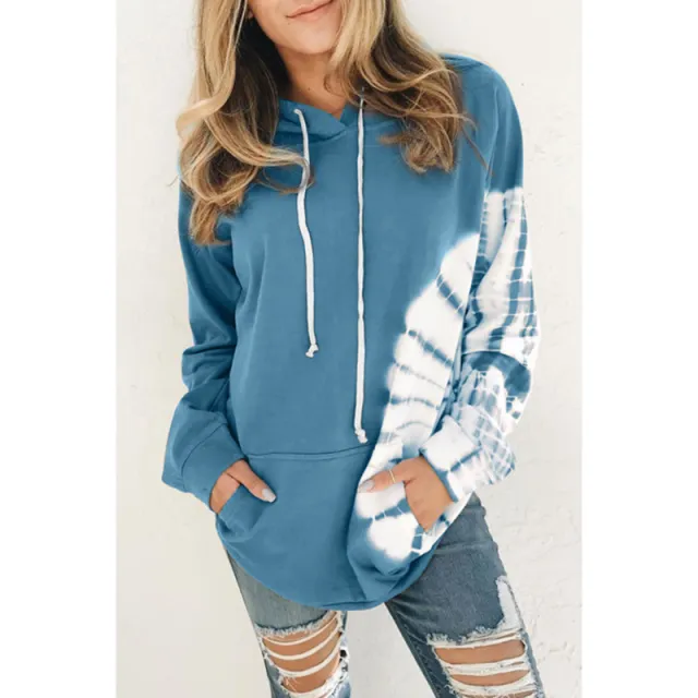 Loose Long Sleeved Printed Hooded Sweatshirt Blue - Shop at LoveMi