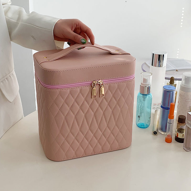 Portable Cosmetic Bag With Mirror Design Fashion Rhombus Embroidery Double layer Suitcase Large Capacity Make up Storage Bags For Women Pink - Shop at LoveMi