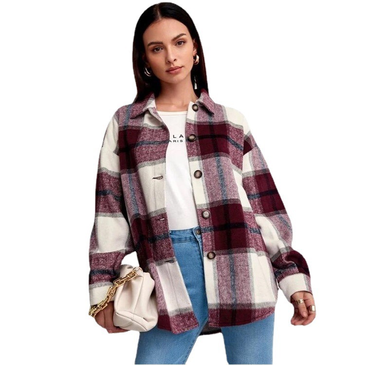 Women's Autumn And Winter Loose Lapel Long-sleeved Plaid Shirt Coat