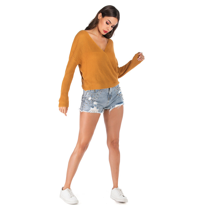 Women's Solid Color V-neck Crossover Long-sleeved Knitted Pullover Sweater