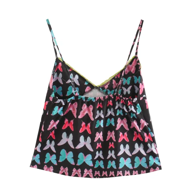 Lace Butterfly Print Sling Cropped Slim Top Black - Shop at LoveMi