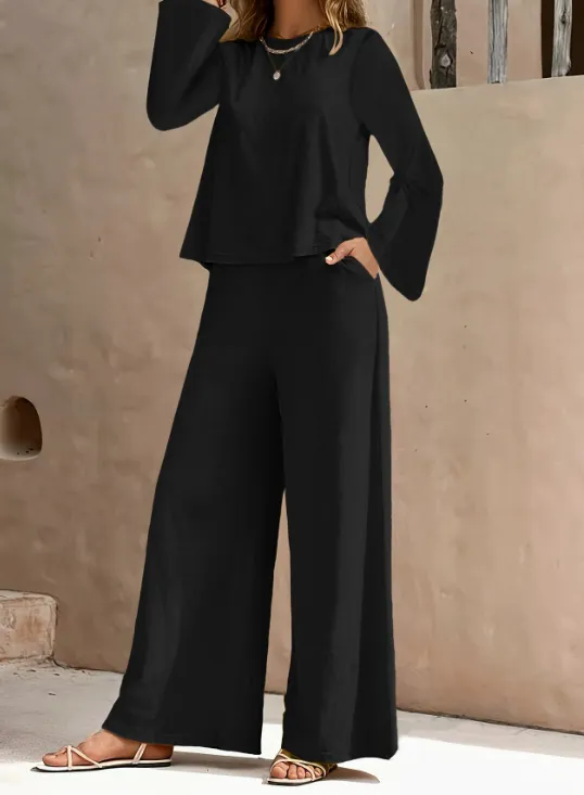 Spring And Autumn Solid Color Simple Round Neck Long Sleeve Side Pocket High Waist Wide Leg Trousers Set Black - Shop at LoveMi