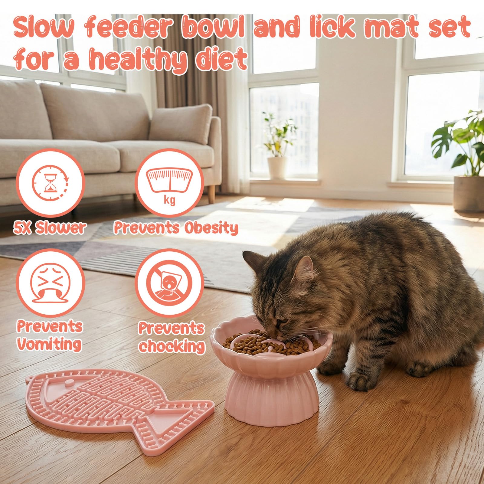 Ceramic Slow Feeder Cat Bowl With Lick Mat,Raised Cat Slow Feeder,Pink Anti Vomiting, Dry And Wet Food,Elevated And Whisker Friendly,for All Cats Kitten And Puppy 7