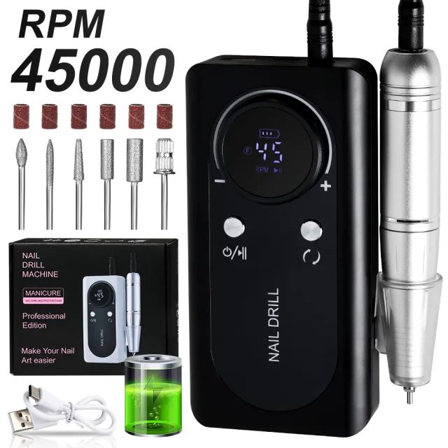 Professional Electric Nail Drill Machine, 45000RPM Rechargeable E File Nail Drill Cordless, Electric Nail File Kit, Portable Electronic Grinder, Su... Black - Shop at LoveMi