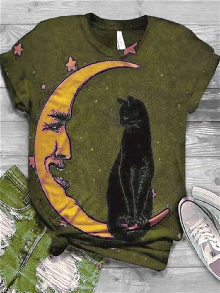 Title 5, Moon Cat Print Comfortable Round Neck Short Sle...