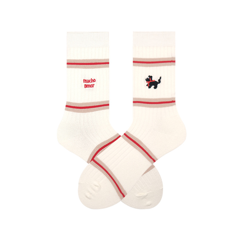 Retro Striped Ribbed Crew Socks, Mucho Amor & Dog Embroidered Casual Socks, Women's Preppy Style Mid-Calf Socks In Black, White & Grey