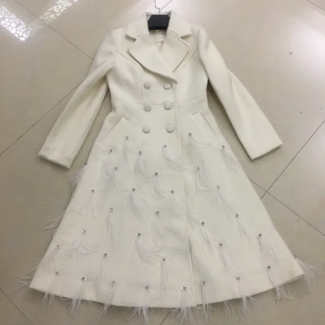 Heavy Industry Nail Drill Feather Long Woolen Coat White - Shop at LoveMi