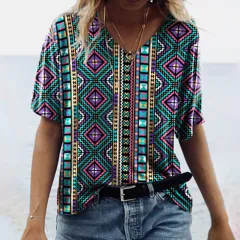 Women's Vintage Print Ethnic Geometric V-Neck T-Shirt Top - 5 Style - View 1