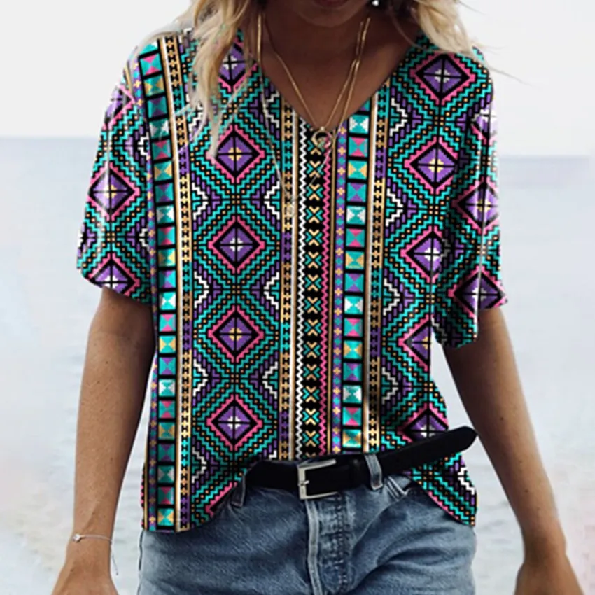 Women's Vintage Print Ethnic Geometric V-Neck T-Shirt Top - 5 Style-S