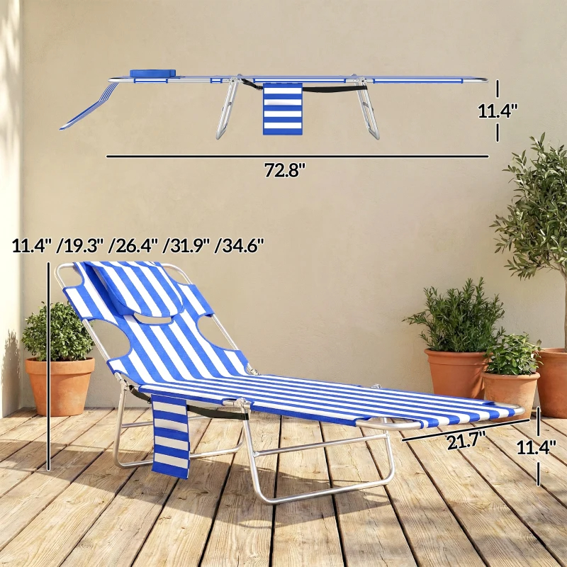 Anning Chair With Face Hole, 5-Level Adjustable Outdoor Chaise Lounge Chair With Pillow For Beach, Pool, Blue Stripes