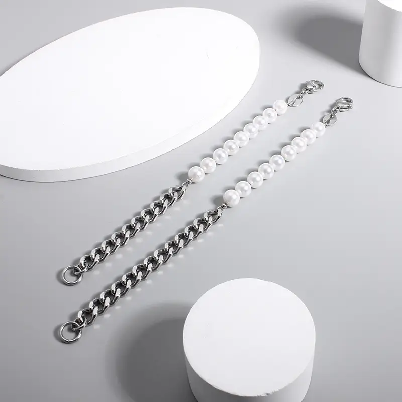 White Pearl Stitching Bracelet Women's Titanium Steel Thick Chain