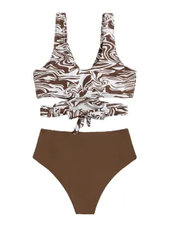 New Swimwear Ladies Solid Colour Split Swimsuit Bikini - Coffee - View 1