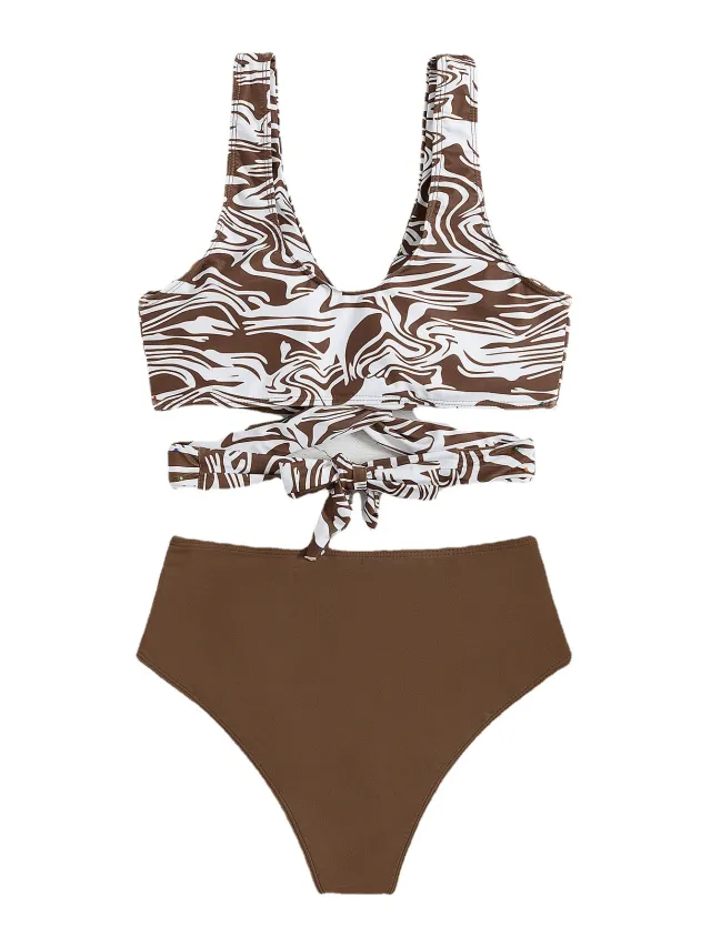 New Swimwear Ladies Solid Color Split Swimsuit Bikini Coffee - Shop at LoveMi