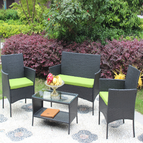 4 PC Rattan Patio Furniture Set Outdoor Patio Cushioned Seat Green Cushions