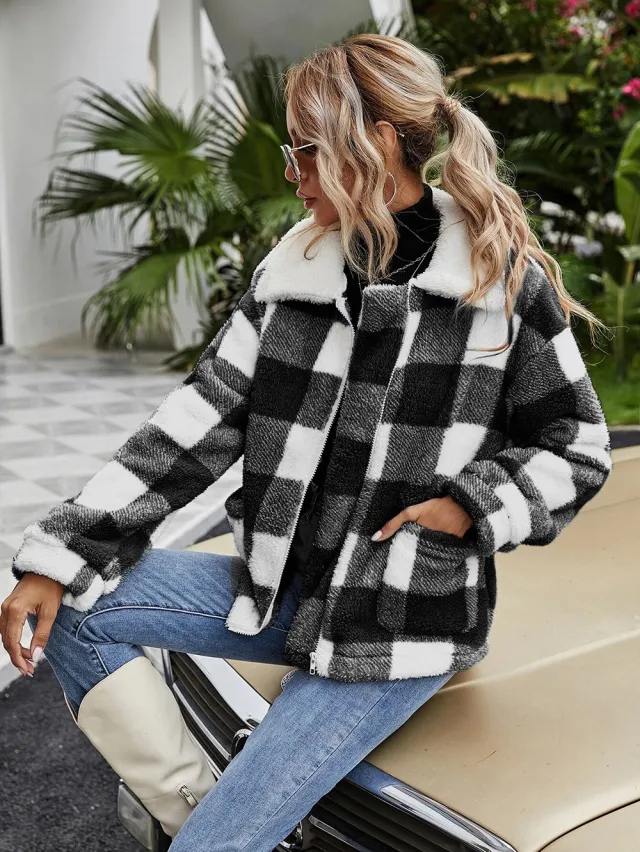 Plush Plaid Coat Loose Temperament Commuter Women Black - Shop at LoveMi