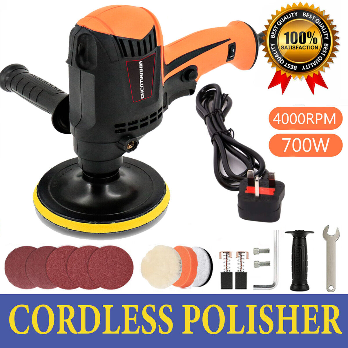 980W Heavy Duty Car Polisher Buffer Sander Waxing Kit 6 Speed With 5 Pad Bonnet