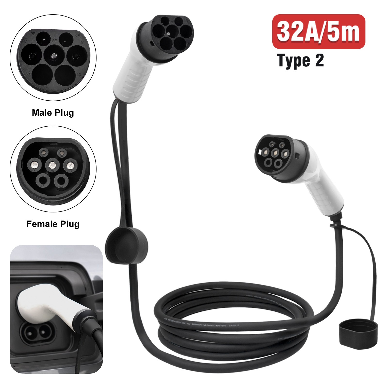 32A Portable EV Charging Cable Electric Vehicle Car Charger 5M Type 2 To Type 2