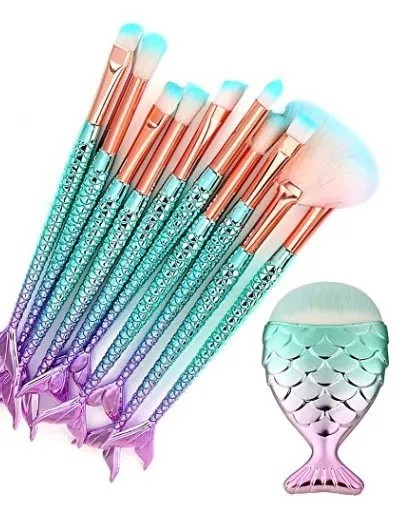 Gradient Mermaid Makeup Brush Set - 10Pieces With Large Fish