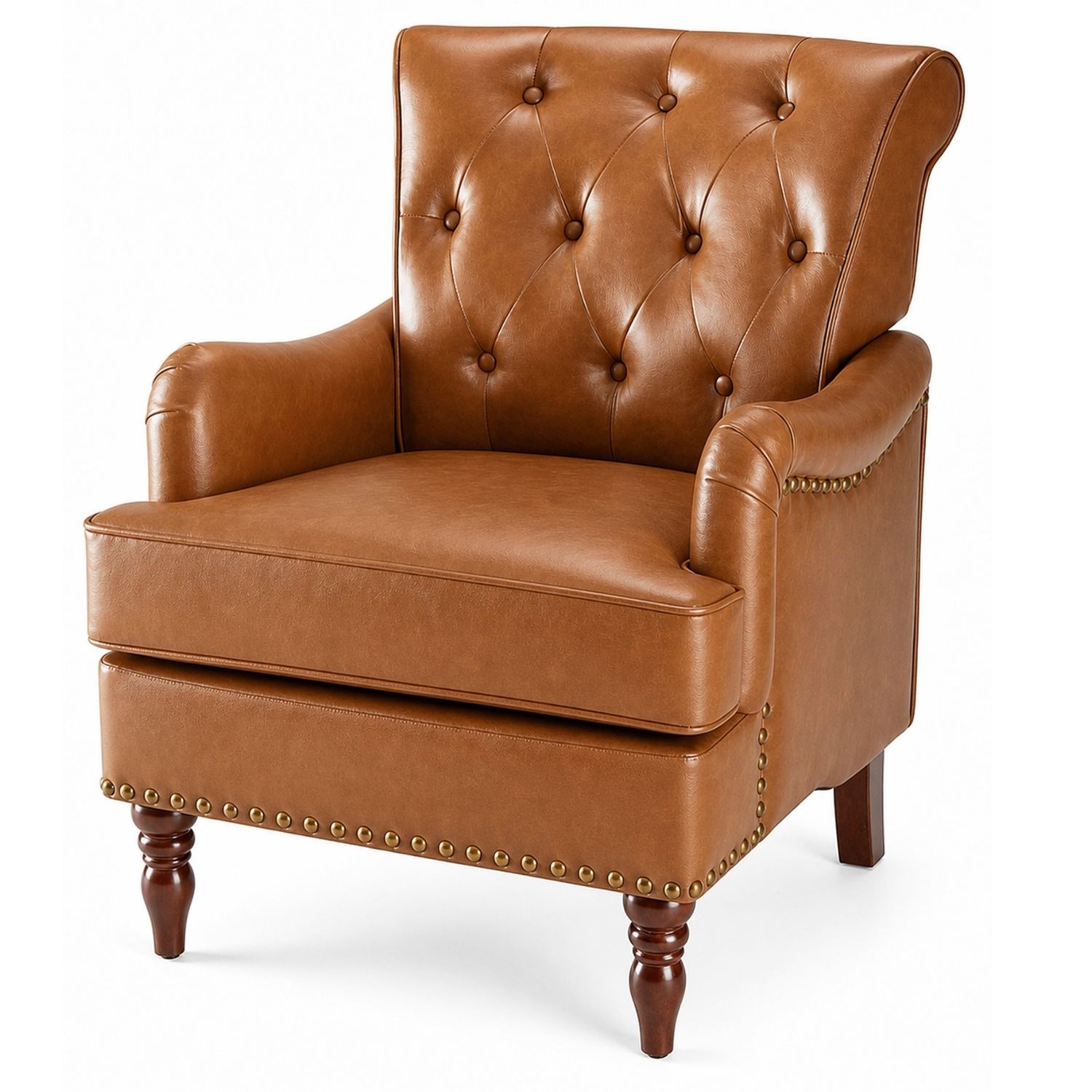 Nailhead Trim Faux Leather Accent Chair, Tufted Armchair For Bedroom And Study — foto 3