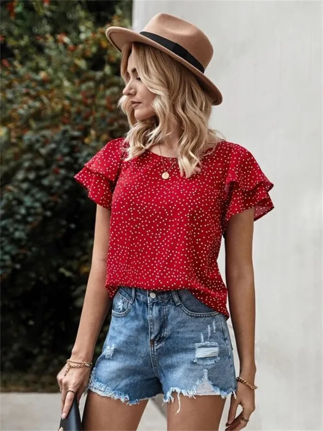 Printed Dot Red Lotus Leaf Versatile T Shirt Red - Shop at LoveMi