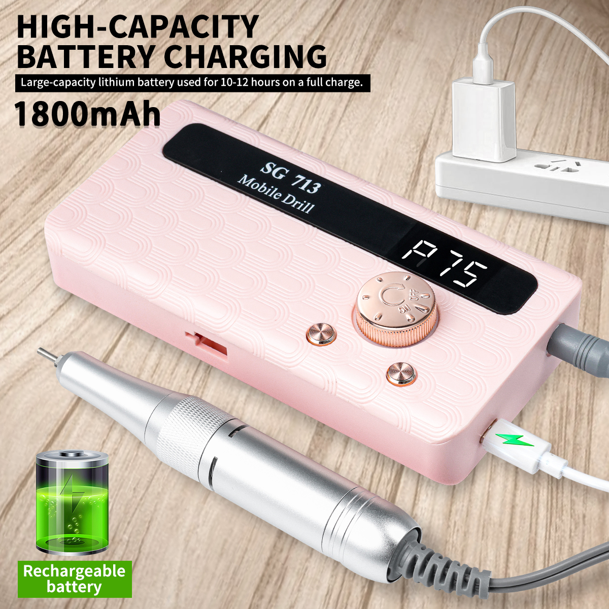 Electric Nail Drill - 45000RPM Portable Nail Drill-Rechargeable Nail E-File Kit With 6 Bits & Base-LED Screen-Ultra-Silent, Rechargeable Nail Drills Machine For Acrylic Nails Gel Polishing — foto 6