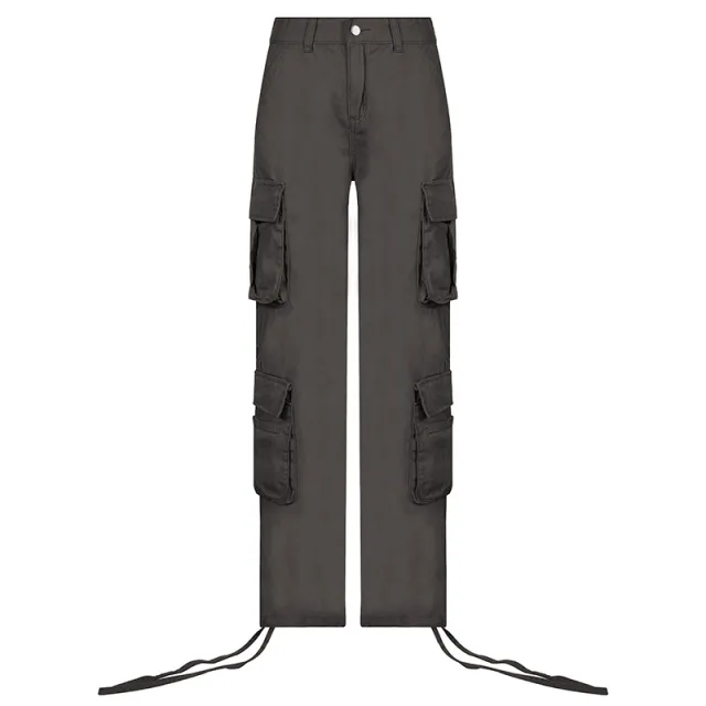 Women's Multi Pocket Low Rise Cargo Straight Pants Grey - Shop at LoveMi