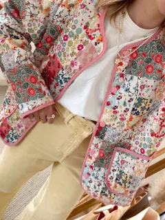 Women's Fashion Print Round Neck Thin Cotton Coat - Pink Top - View 1