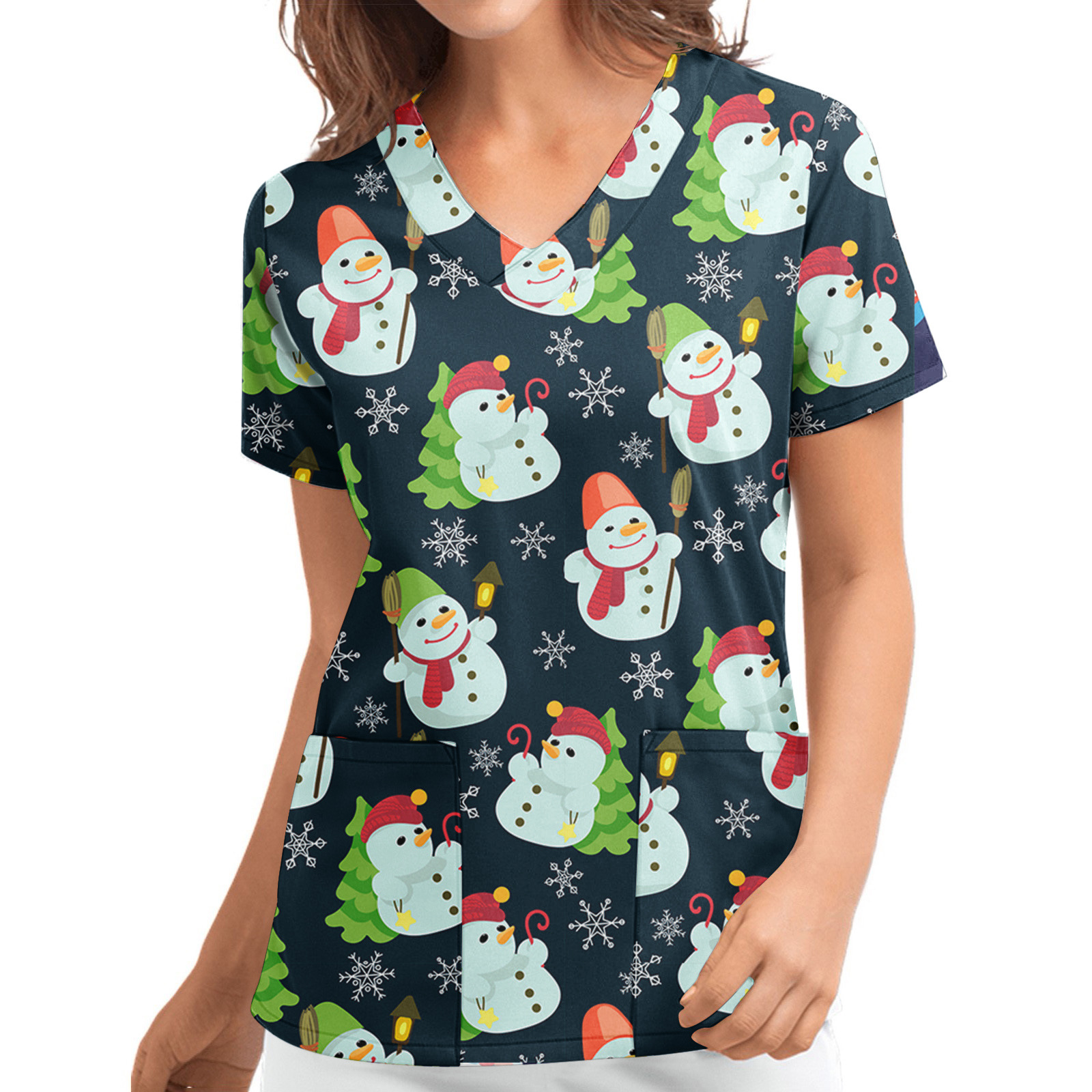 Title 16, Christmas Printed V-neck Short Sleeve Workwear ...