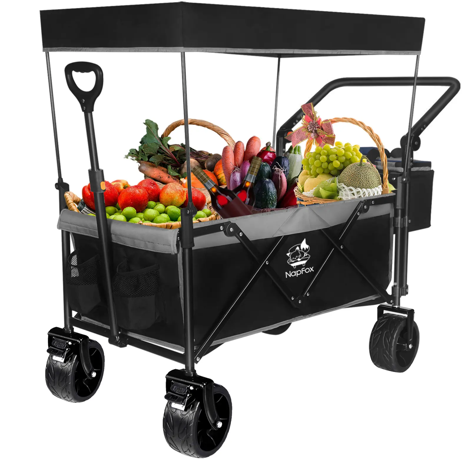 Collapsible Wagon 140L Wagons Carts Foldable With Removable Canopy, Folding Wagon Cart With Wheels For All-Terrain With Brake, Foldable Wagon With Cooler Bag, F