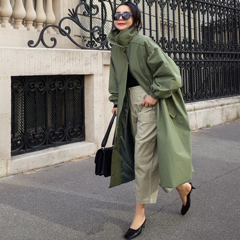 Women's Mid length Autumn Loose Thin Windbreaker Jacket Army Green - Shop at LoveMi