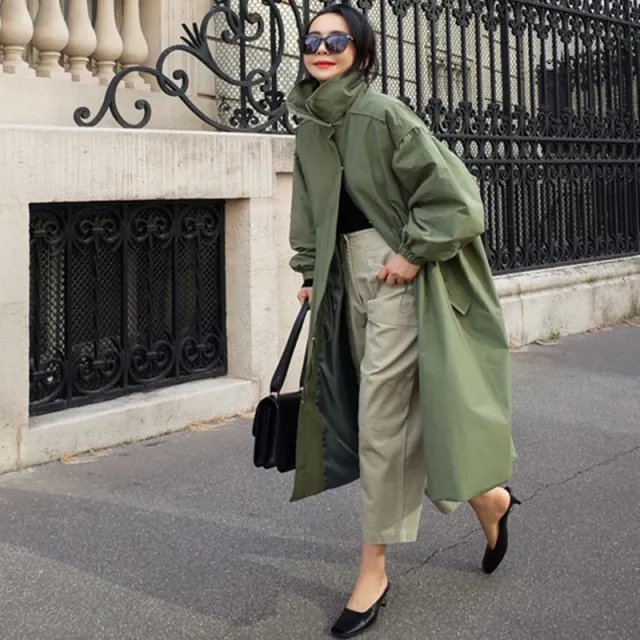 Women's Mid length Autumn Loose Thin Windbreaker Jacket Army Green - Shop at LoveMi