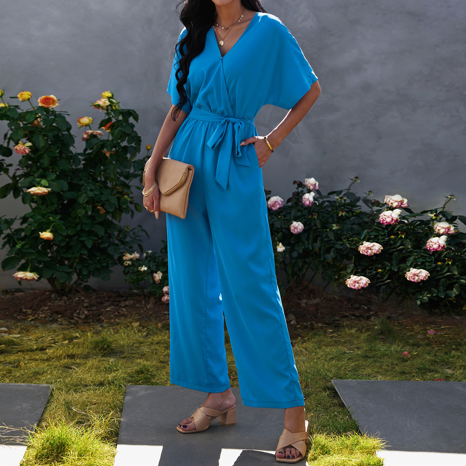 Women's V Neck Tie Waist Solid Color Jumpsuit Sky Blue - Shop at LoveMi