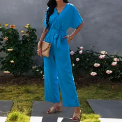 Women's V-Neck Tie Waist Solid Colour Jumpsuit - Sky Blue - View 1