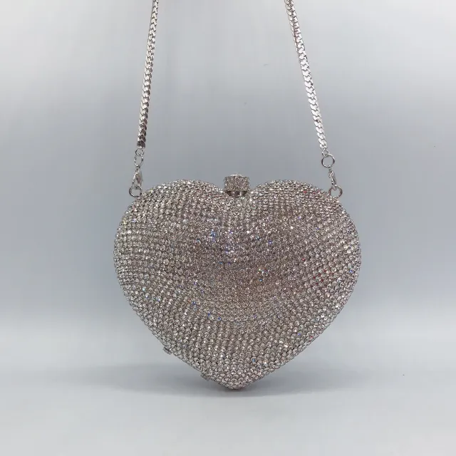 Solid Color Full Diamond Heart shaped Crystal Diamond Women's Clutch Bag Silver - Shop at LoveMi