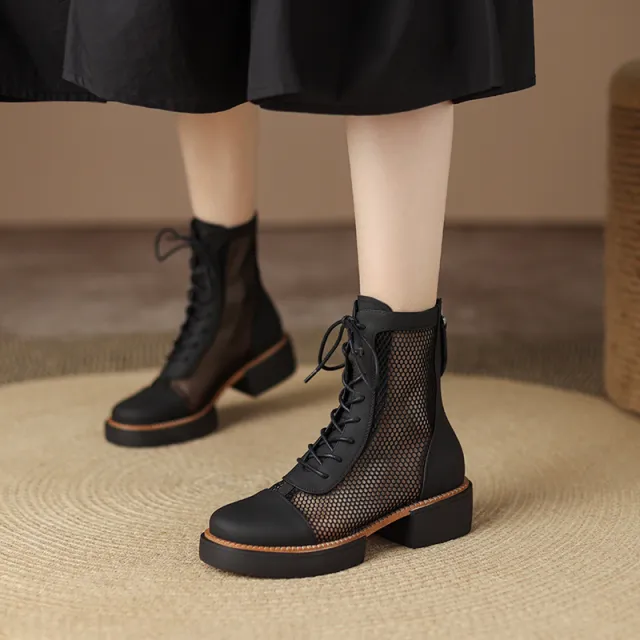 All match Round Toe Chunky Heel Sandals Thin Leather Martin Boots Black - Shop at LoveMi