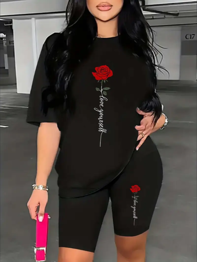Valentine's Day Rose Graphic Short Sleeves T shirt & Running Shorts Suit Women's Activewear Workout Top & Bottom Sets With Casual Sports Design, Breathable Fabric, And Comfortable Fit Black - Shop at LoveMi