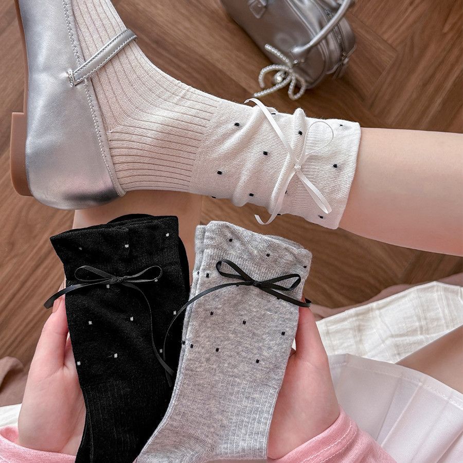 Coquette Polka Dot Crew Socks, Ribbon Bow Accent Knit Socks, Women's Sweet Casual Socks For Mary Janes & Preppy Style