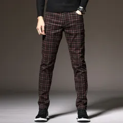 Slim Fit Cotton British Plaid Trousers - Wine Red - View 1