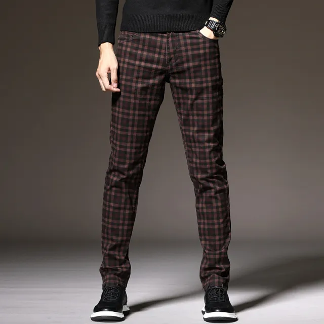 Slim Fit Cotton British Plaid Trousers Wine Red - Shop at LoveMi