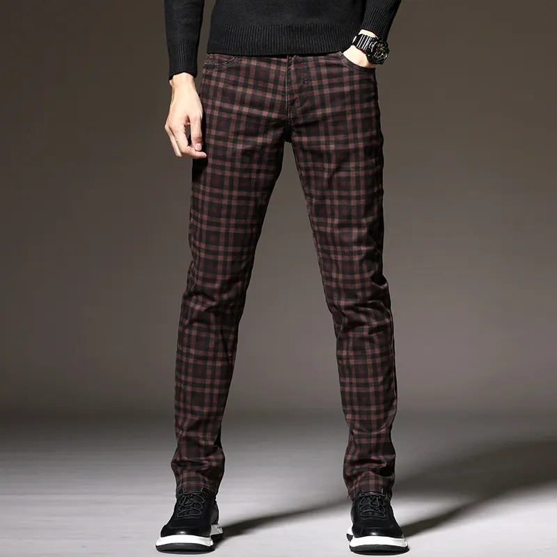 Slim Fit Cotton British Plaid Trousers - Wine Red
