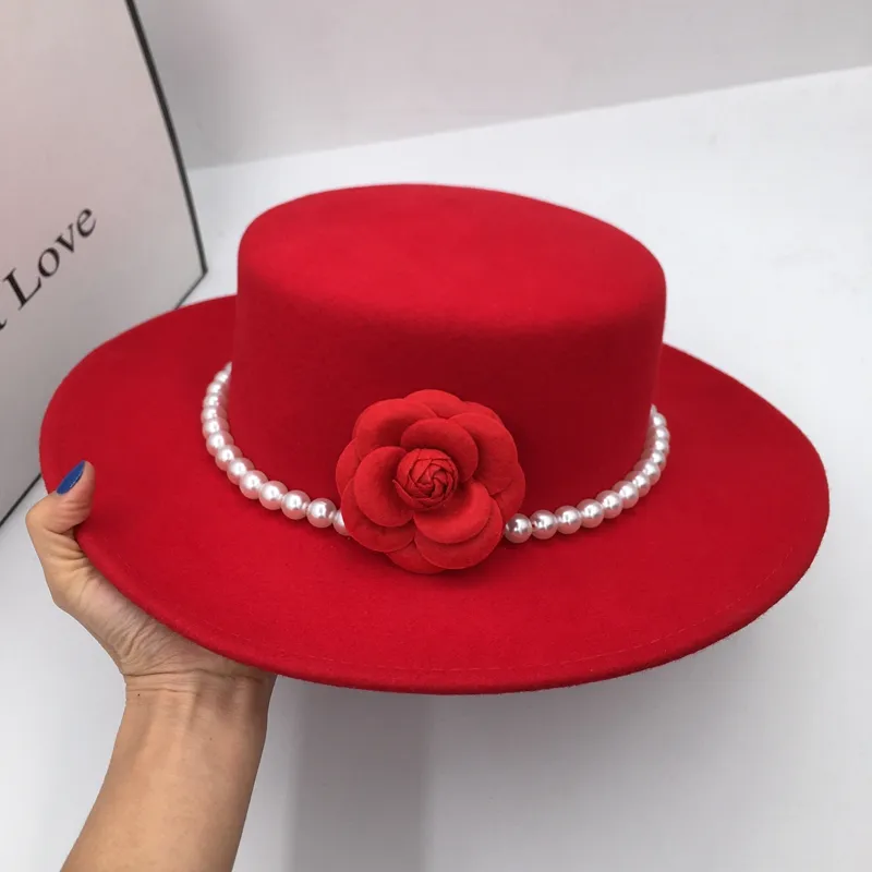 Red Wool Tweed Elegant Small Incense Pearl Flowers Flat Top Wide Brim Hat - Red