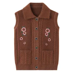 Waistcoat Embroidered Elderly Winter Vest Lapel - Caramel Colour - View 1