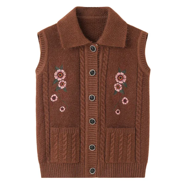 Waistcoat Embroidered Elderly Winter Vest Lapel Caramel Colour - Shop at LoveMi