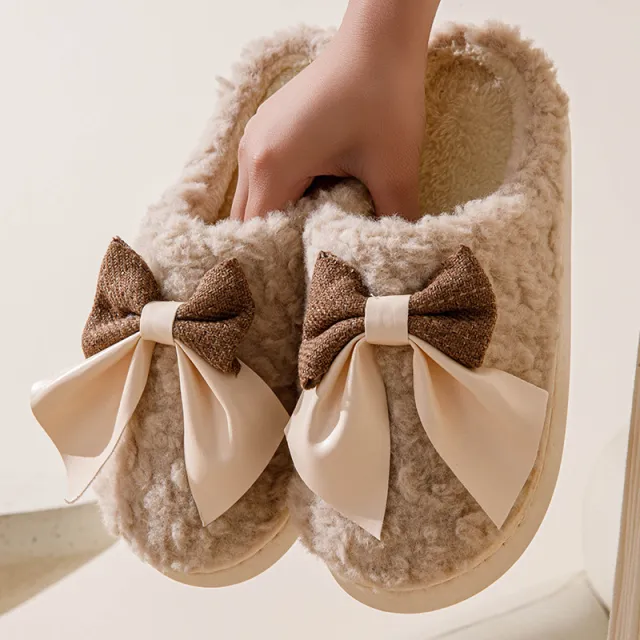 Bow Slippers Indoor Couple Non slip Floor Bedroom Slippers Winter Warm Plush Home Shoes Household Indoor Warm Coffee - Shop at LoveMi