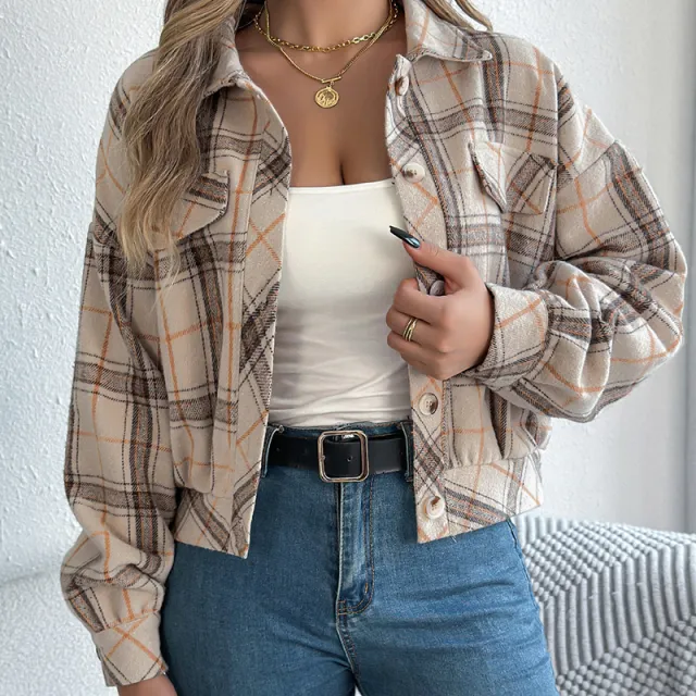 Womens Button Down Shirts Jacket Long Sleeve Plaid Shackets Business Casual Blouse Top Apricot - Shop at LoveMi