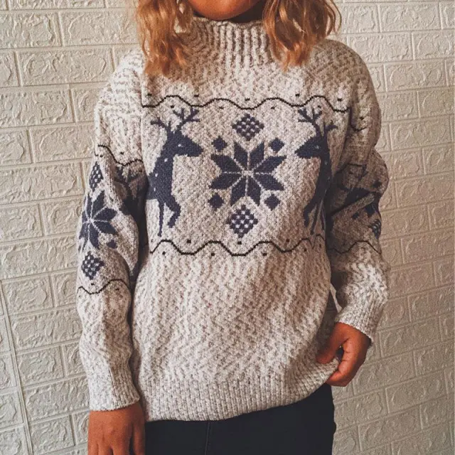 Christmas Sweater Snow Deer High Neck Long Sleeve Knitted Pullover Grey - Shop at LoveMi